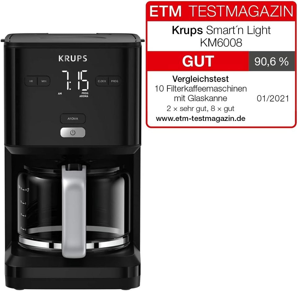 Krups Smart'n Light kaffemaskin med timer, för 1,25 liter filterkaffe, varmhållningsfunktion, automatisk avstängning, svart, KM600810