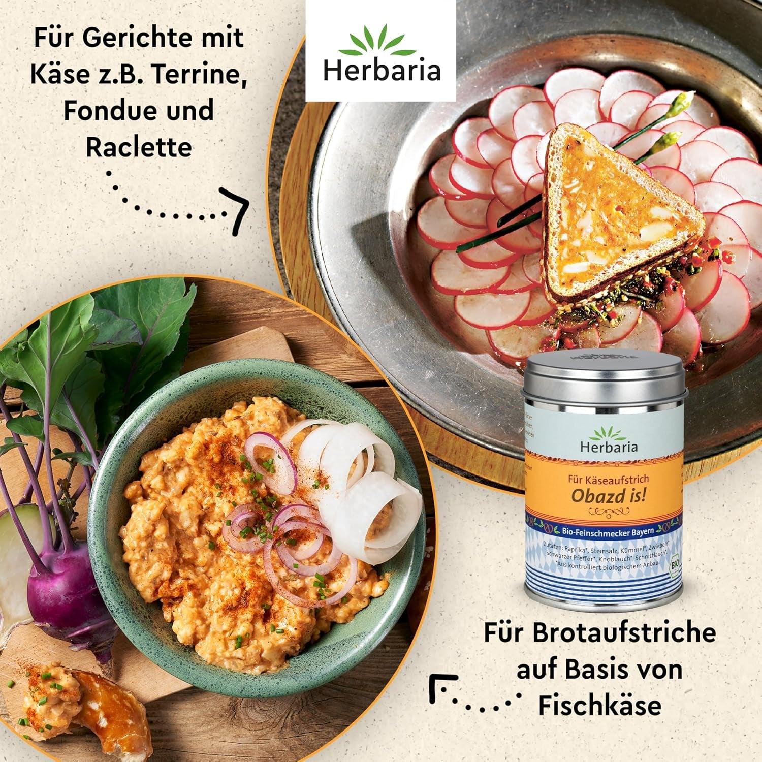 Herbaria Obazd är! bio 90g M-Dose – Bio-Gewürzmischung bayerischen Biergartenklassiker Obazda – för Brotaufstriche, Käsegerichte, Käsefondue – Raclette Gewürz - i nachhaltiger Aromaschutz-Dose