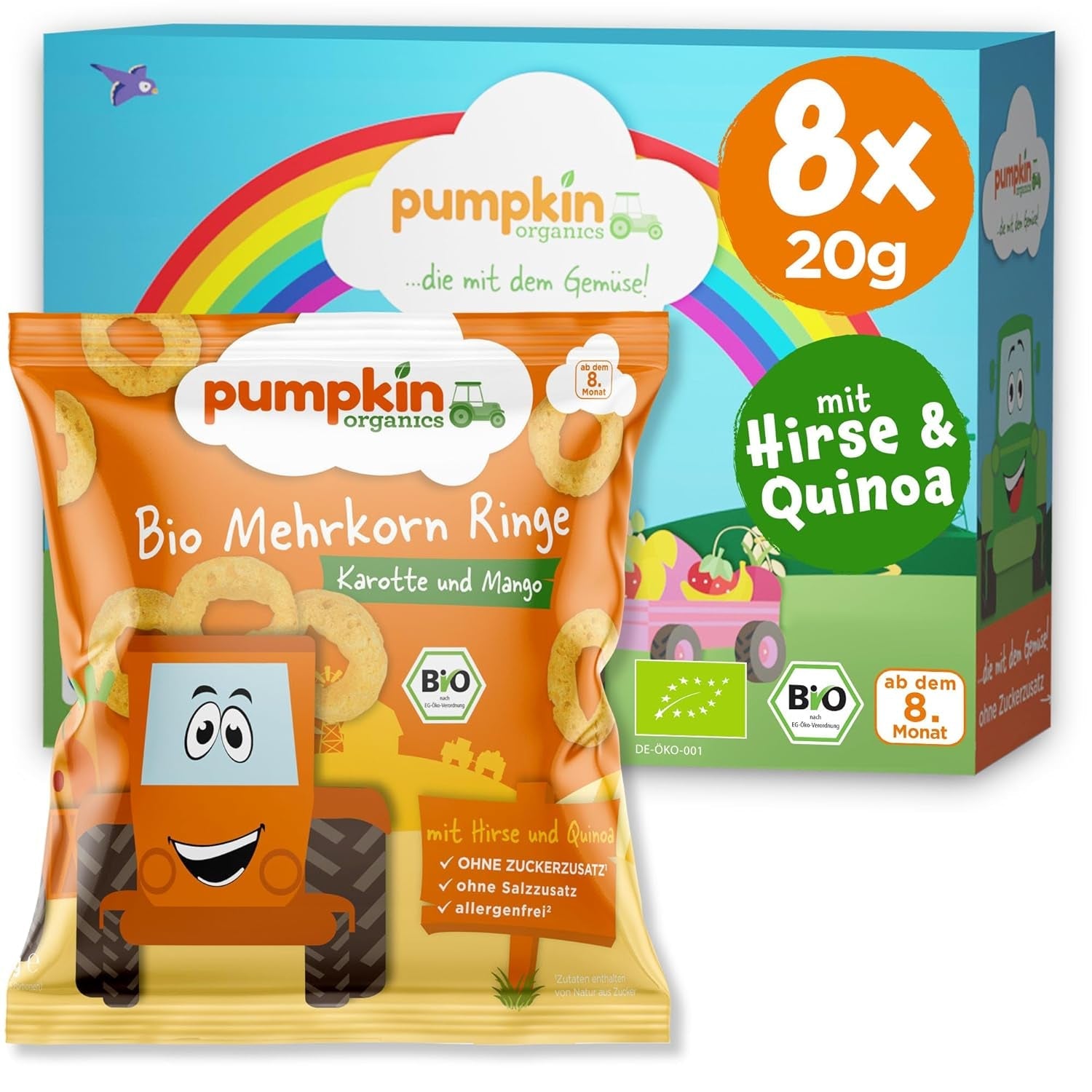 Pumpkin Organics Baby Multigrain morots- och mangoringar (förpackning med 8) Tillsatsfria babysnacks från 12 månader - Allergenfri² och glutenfria³ Baby Crunchy Snacks (8 x 20g)
