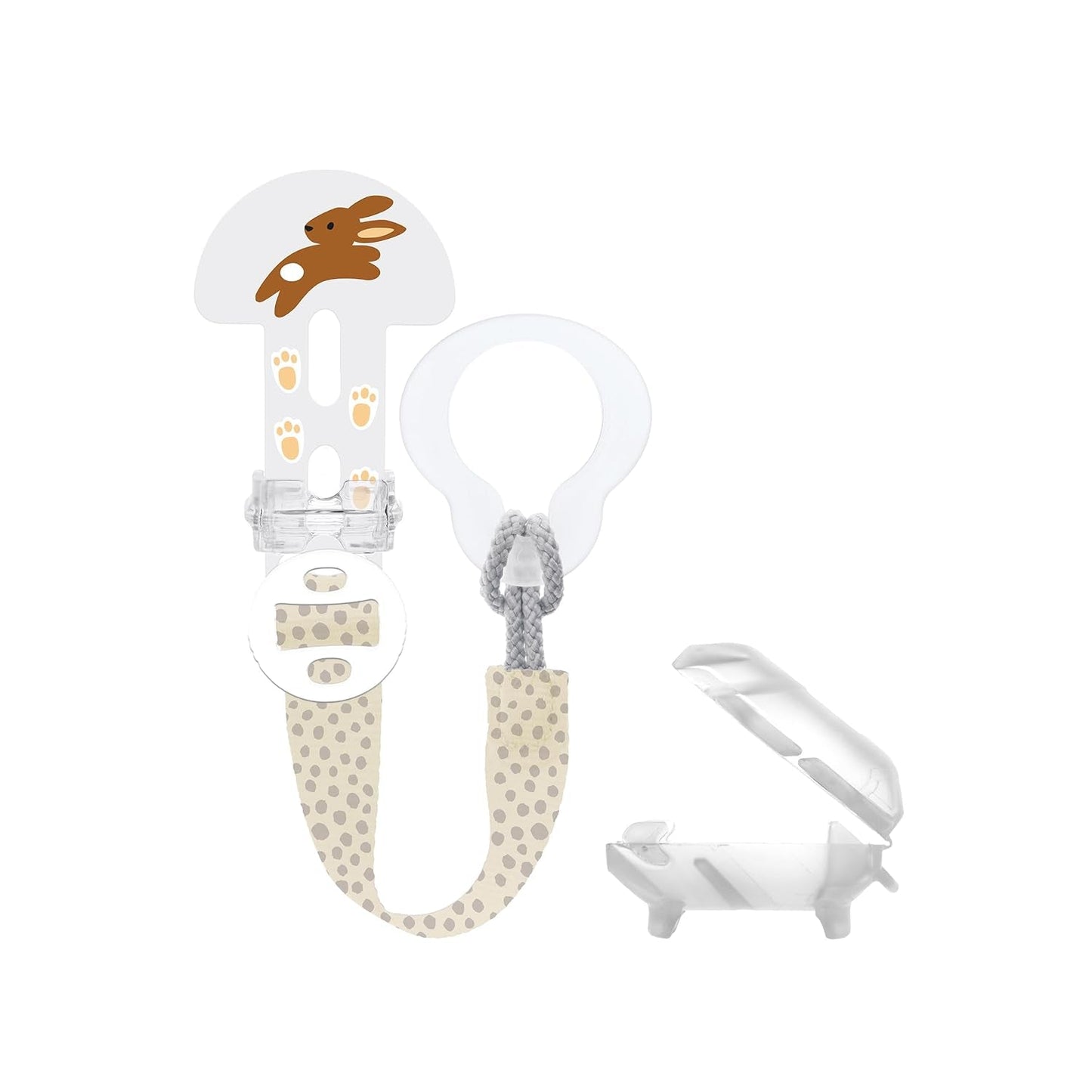 MAMMA Klipp den! & Överdrag Napprem med nappskydd, Längdjusterbar napphållare med avtagbar ring, Lämplig för nappar, bitringar och leksaker, Kanin
