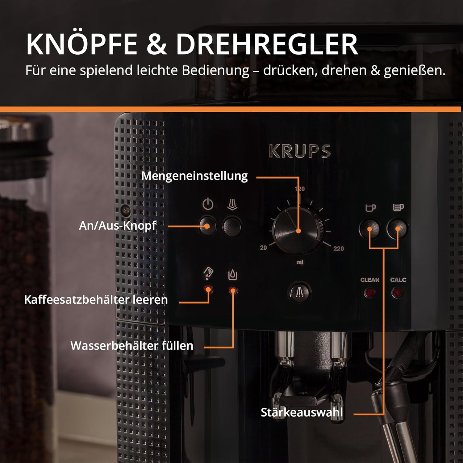 KRUPS Arabica Picto automatisk espressomaskin, kompakt design, lätt att använda, intuitivt justerbar vridreglage, mjölkskummare, 2-koppsfunktion, espressomaskin, svart, EA810870