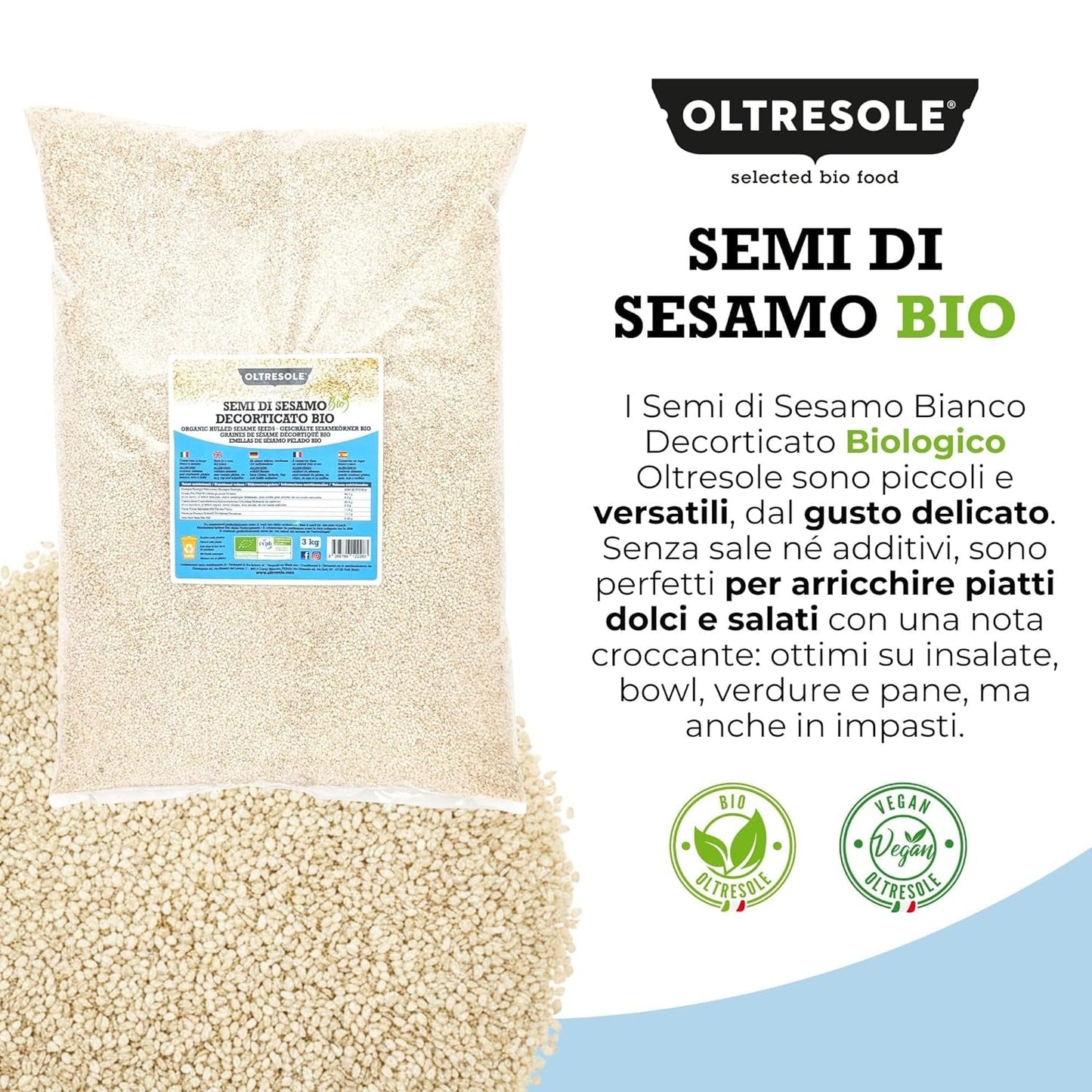 Ekologiska sesamfrön 3 kg, råa ekologiska oljefrön, vit sesam, naturligt skalad, orostad, källa till kalcium och järn, ekonomipaket