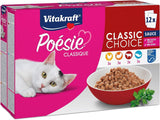 Vitakraft Poésie Classique, våt kattmat, kattmat i sås, med kyckling, med kalkon, med nötkött, med lax, utan tillsatt socker och flingor (1 förpackning om 12 x 85g)