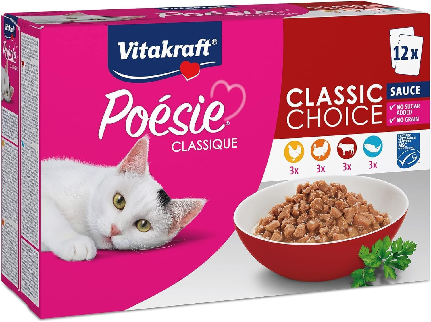 Vitakraft Poésie Classique, våt kattmat, kattmat i sås, med kyckling, med kalkon, med nötkött, med lax, utan tillsatt socker och flingor (1 förpackning om 12 x 85g)