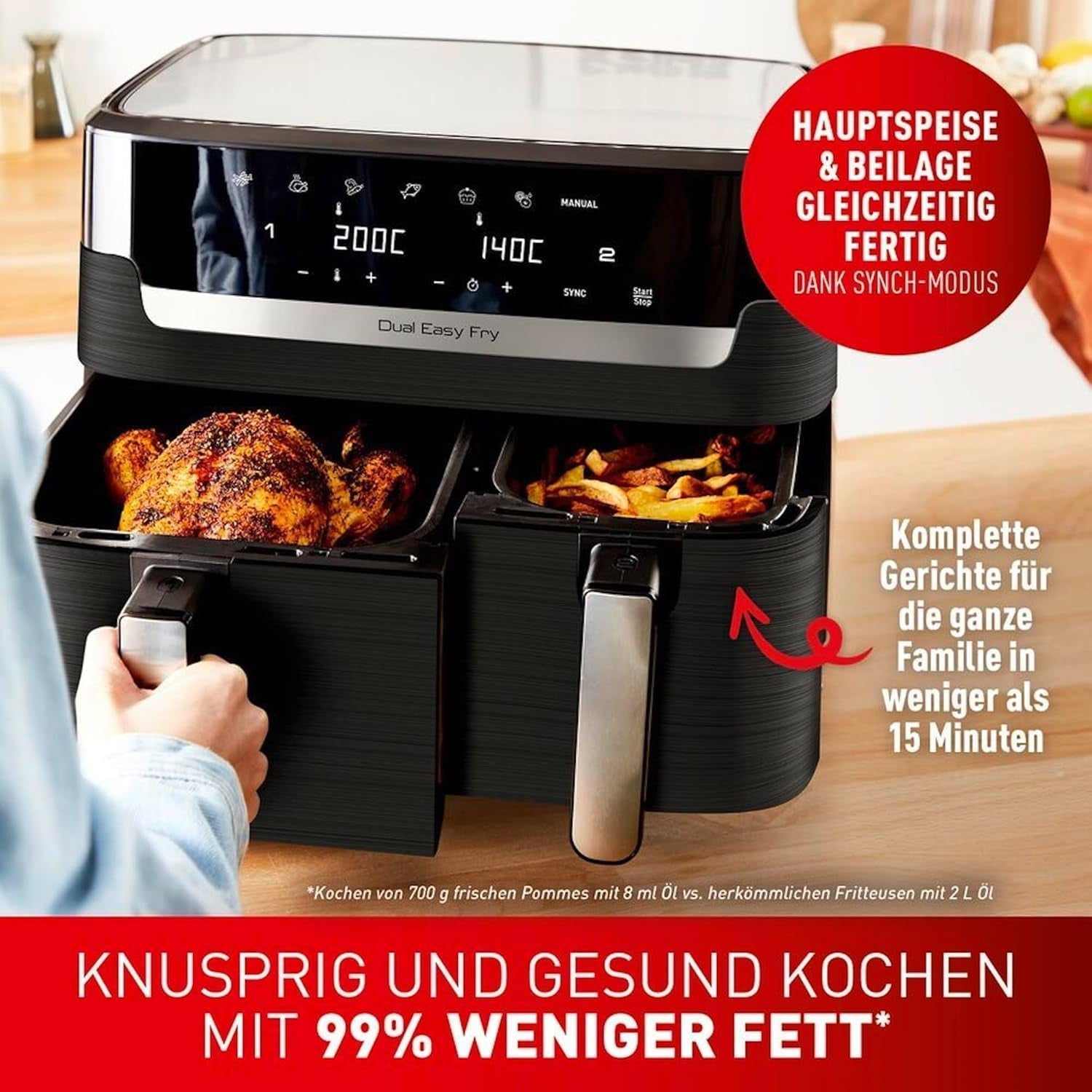Tefal Dual Easy Fry Hot Air Fryer med två kammare, 5,2/3,1 liters kapacitet, två oberoende lådor, 7 program Hushållsapparater Naty Shop