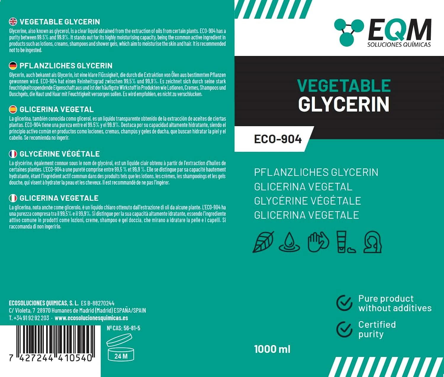 Vegetabilisk glycerin, 100 % naturlig, naturlig fuktighetskräm för hår och hud, idealisk för tvål, schampon, krämer, 1 liter dusch och bad Naty Shop