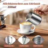 Mjölkmugg, 350 ml mjölkmugg i rostfritt stål med mätmärke, baristatillbehör, mjölkmugg för cappuccino, espresso, latte art, kaffeälskare, silver, 355 ml