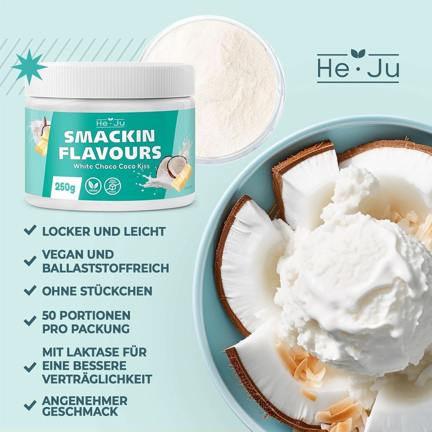 He-Ju, Pulver med vit choklad och kokossmak, 250 gram Aromas Naty Shop