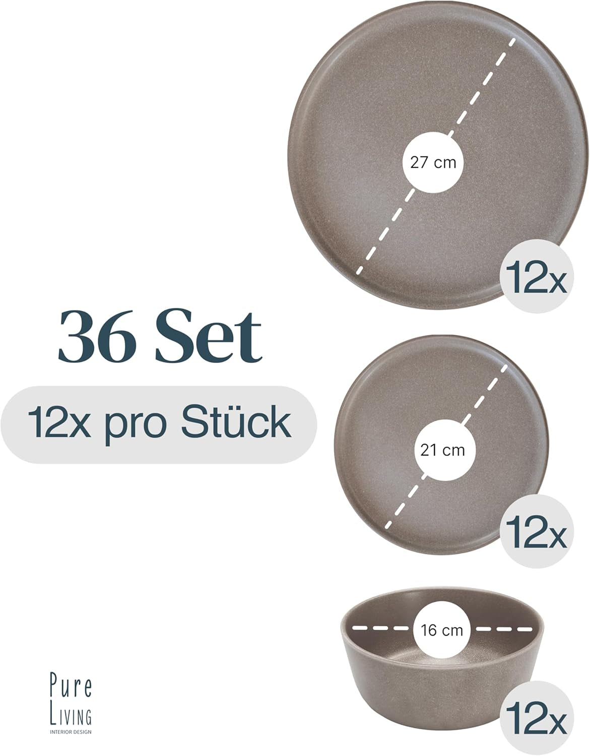 Stengodsservis för 12, 36 delar, urban stil, hög kvalitet, MYCKET BRA TEST, Stengods servisset - skål och tallrik set - middagsservering för 12, Pure Living servisset i matt gråbrun