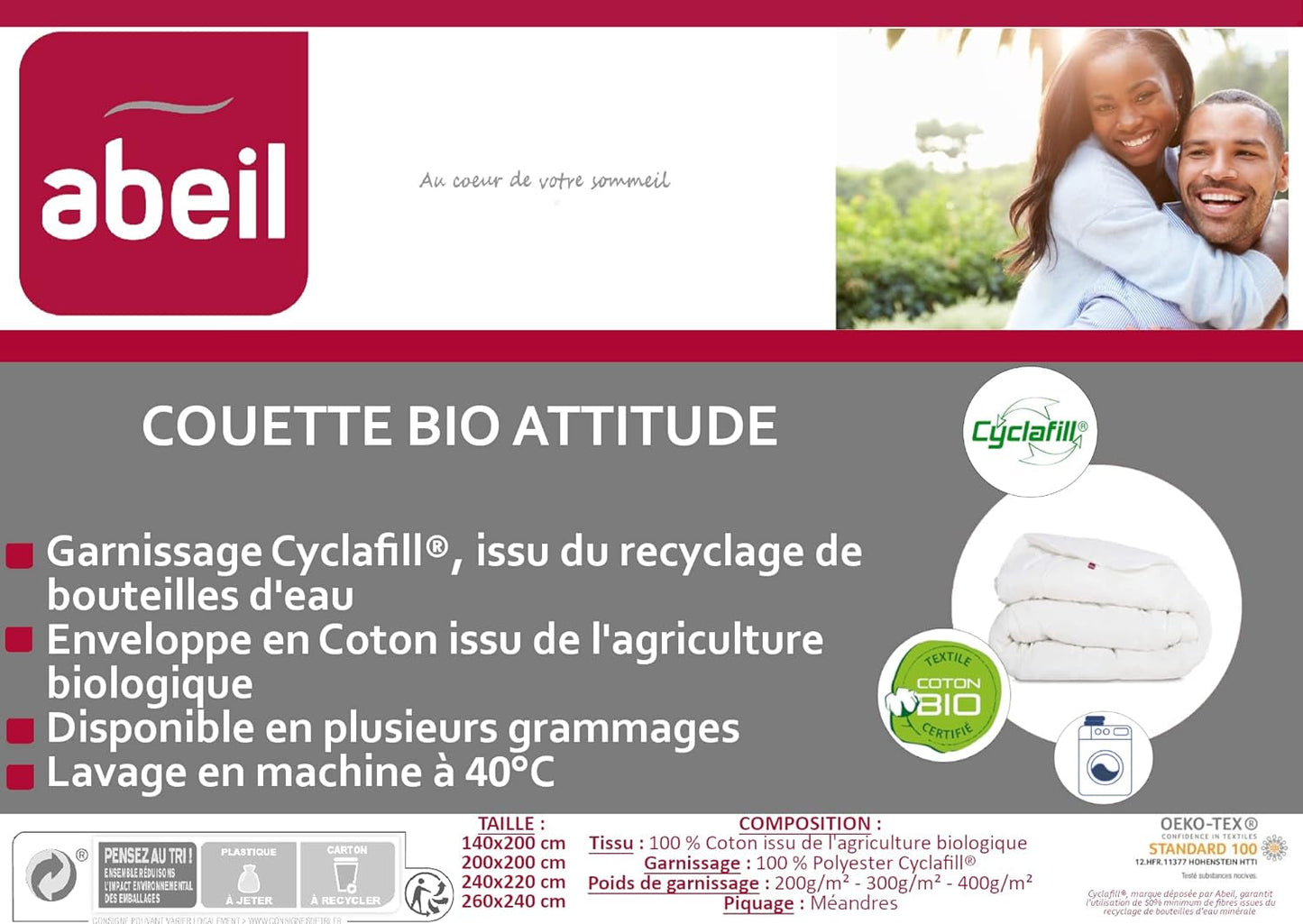 Abeil 15000000529 Filt, ekologiskt bomullsöverdrag - fyllning 100% polyester Cyclafill, vit, 200 X 200 Cm Täcken och täcken Naty Shop