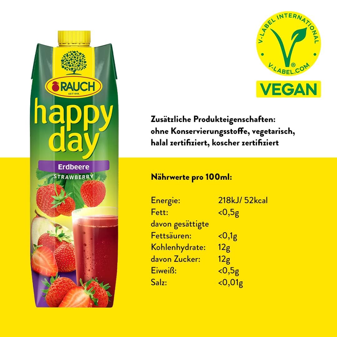 Rauch Happy Day Strawberry | Intensiv jordgubbssmak | Raffinerad med äpplen och citron | 6X 1 liter, Tetra Prisma Alkoholfria drycker Naty Shop