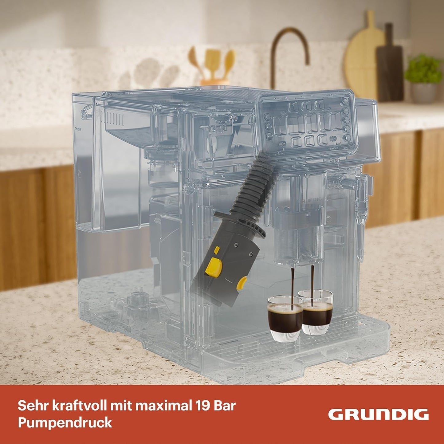 GRUNDIG KVA 6230 helautomatisk espressomaskin med mjölkskummare, rostfri kvarn med 13 malningsinställningar, bönbehållare 250 g, avtagbar vattentank 2 liter, pumptryck 19 bar, pekskärm, svart