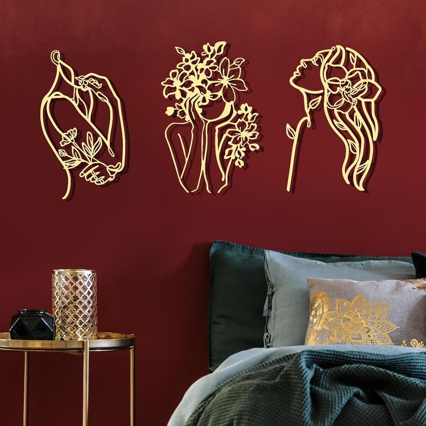 3 stycken metall minimalistisk kvinna vägg art déco Modern metall abstrakt kvinna väggkonst kvinnlig en linje linjeteckningar att hänga för vardagsrummet (svart, modernt) Statyetter och skulpturer Naty Shop Guld Elegant