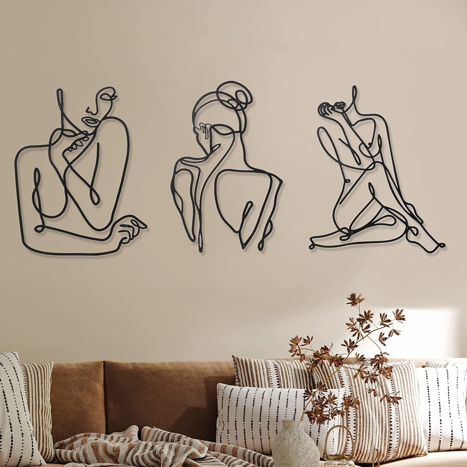 3 stycken Metall Minimalistisk Kvinna Vägg Art Deco Modern Metall Abstrakt Kvinna Väggkonst Kvinna En linje linjeteckningar att hänga för vardagsrum (svart, modern) Statyetter och skulpturer Naty Shop Svart Modern