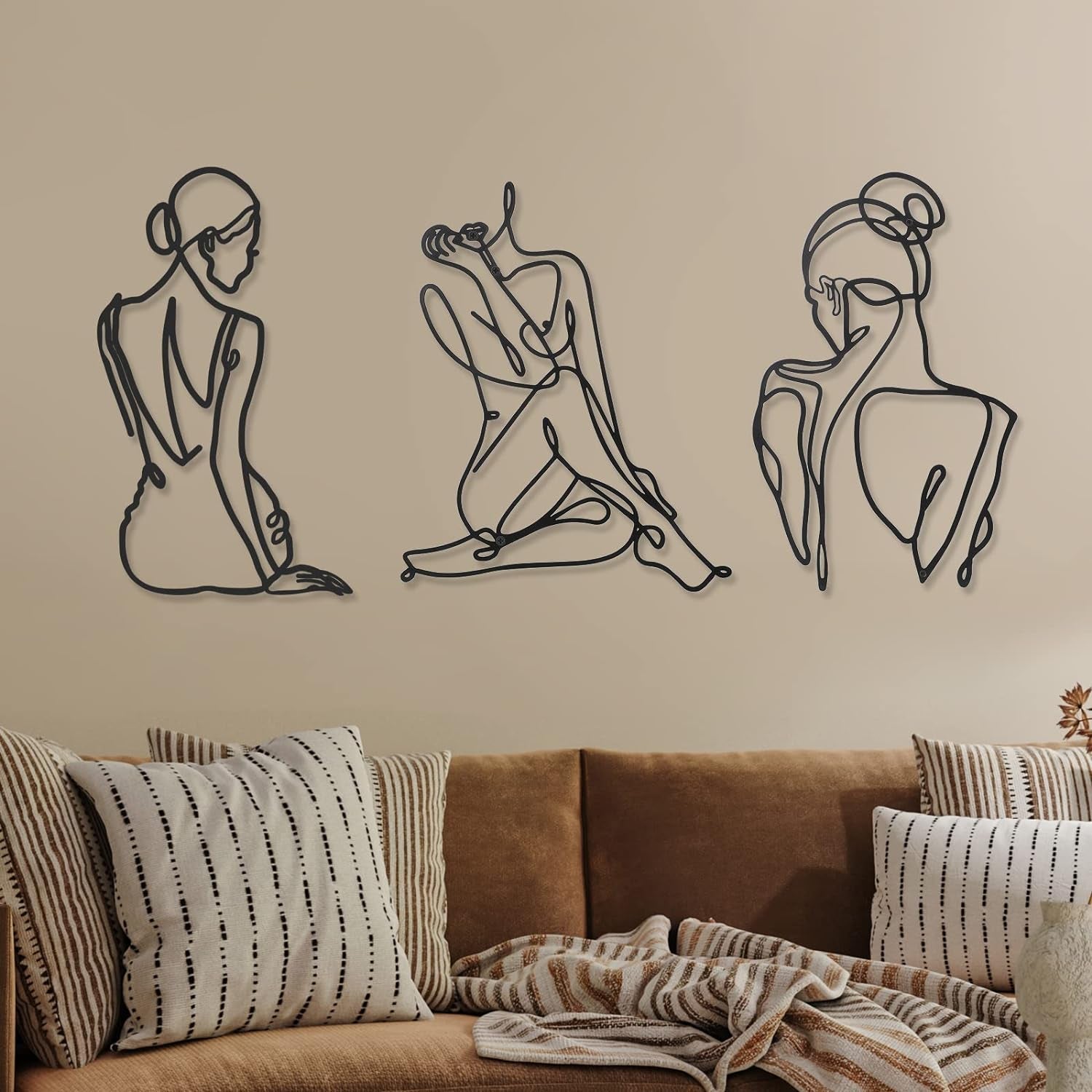 3 stycken Metall Minimalistisk Kvinna Vägg Art Deco Modern Metall Abstrakt Kvinna Väggkonst Kvinna En linje linjeteckningar att hänga för vardagsrum (svart, modern) Statyetter och skulpturer Naty Shop Svart 35L X 29B Cm