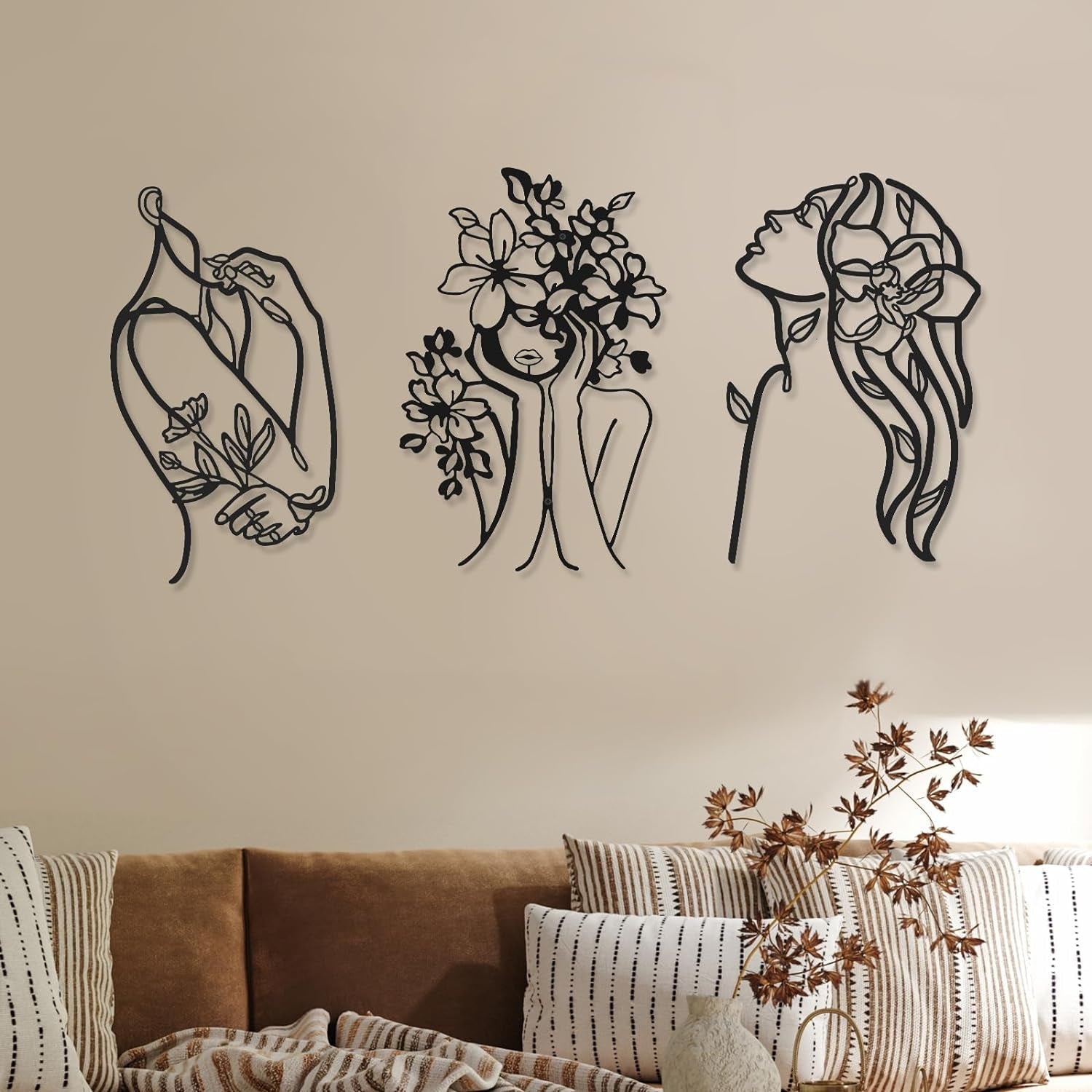 3 stycken Metall Minimalistisk Kvinna Vägg Art Deco Modern Metall Abstrakt Kvinna Väggkonst Kvinnlig en linje linjeteckningar att hänga för vardagsrum (svart, modern) Statyetter och skulpturer Naty Shop Elegant 35L X 25B Cm
