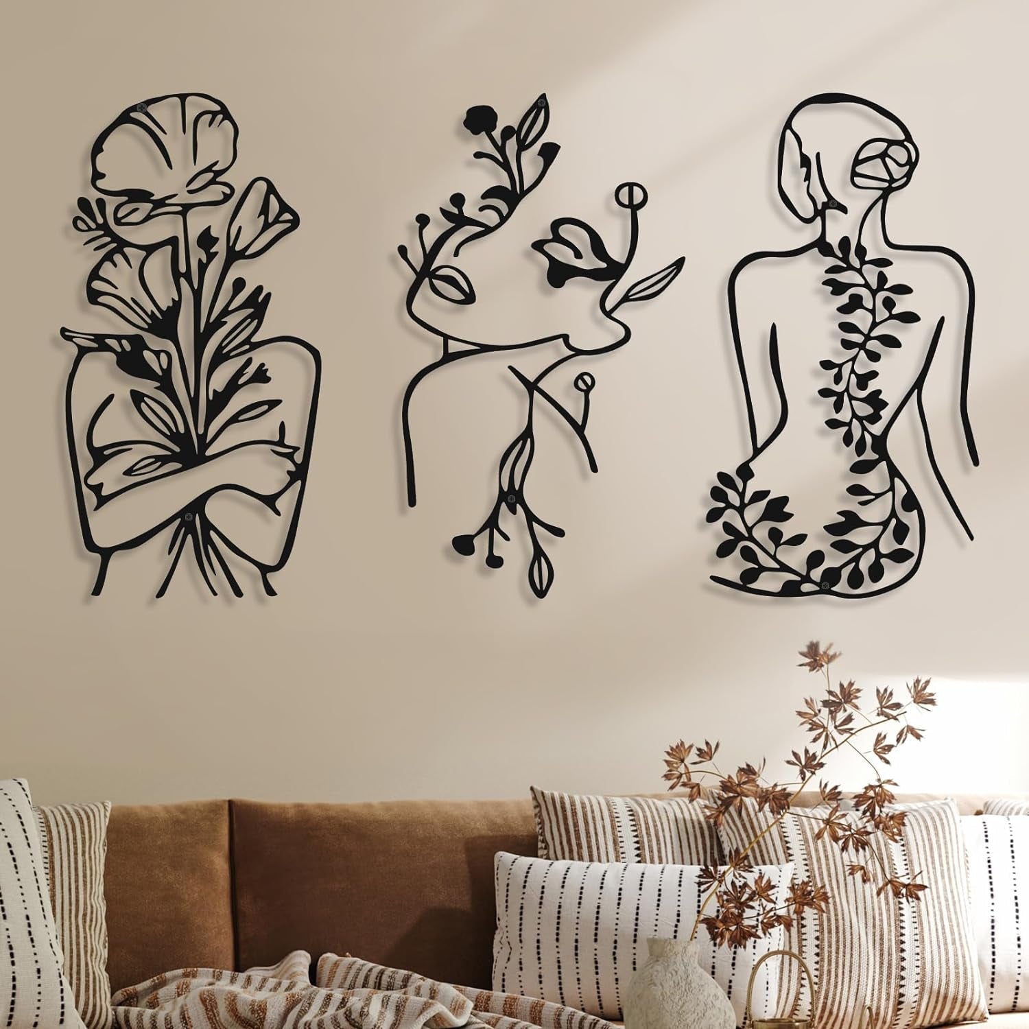 3 stycken Metall Minimalistisk Kvinna Vägg Art Deco Modern Metall Abstrakt Kvinna Väggkonst Kvinna En linje linjeteckningar att hänga för vardagsrummet (svart, modernt) Statyetter och skulpturer Naty Shop Black Plant
