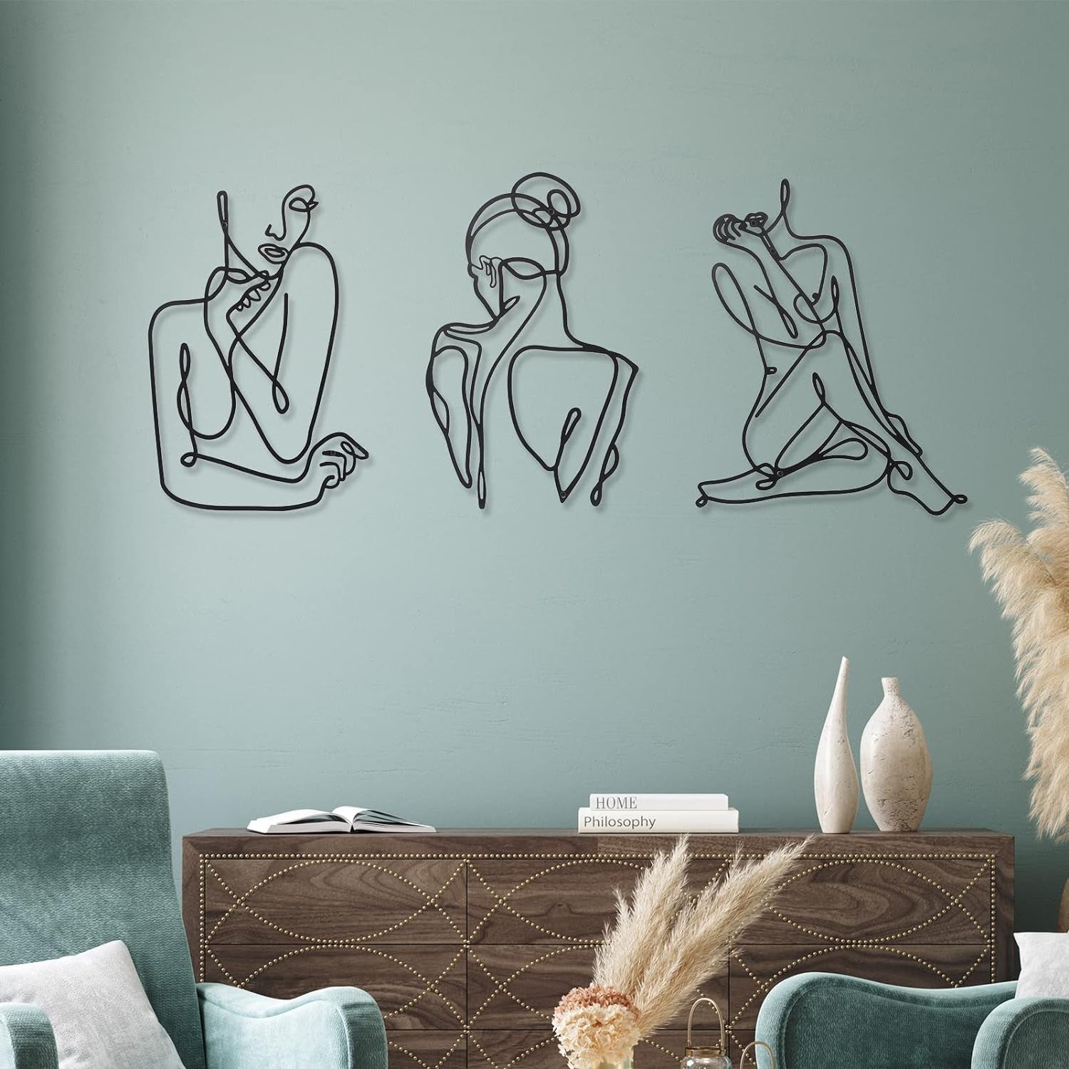 3 stycken Metall Minimalistisk Kvinna Vägg Art Deco Modern Metall Abstrakt Kvinna Väggkonst Kvinna En linje linjeteckningar att hänga för vardagsrum (svart, modern) Statyetter och skulpturer Naty Shop