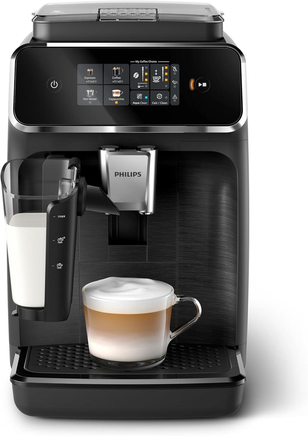 PHILIPS automatisk espressomaskin 2300-serien - 4 drycker, modern färgpekskärm, LatteGo mjölkberedningssystem, SilentBrew, 100% keramisk kvarn, AquaClean-filter. Mattsvart (EP2330/10)