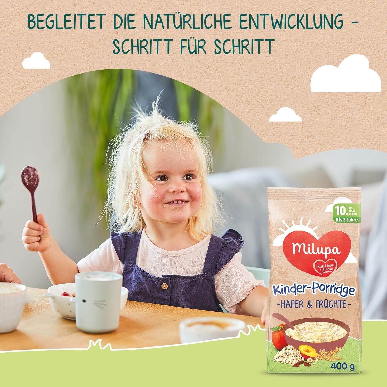 Milupa babygröt - havre- och fruktgröt 10 månader till 3 år barnmat 1 x 400 g (förpackning med 2)