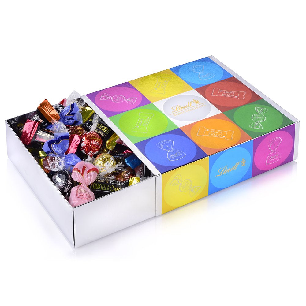 Chokladsortiment (37 LINDOR-kulor, 24 Hello Mini-pinnar, 10 Mini Fioretto), chokladpresent (1 x 815 g) och HELLO Mini Emoti, mjölkchoklad i 5 uttryckssymboler, 164 g