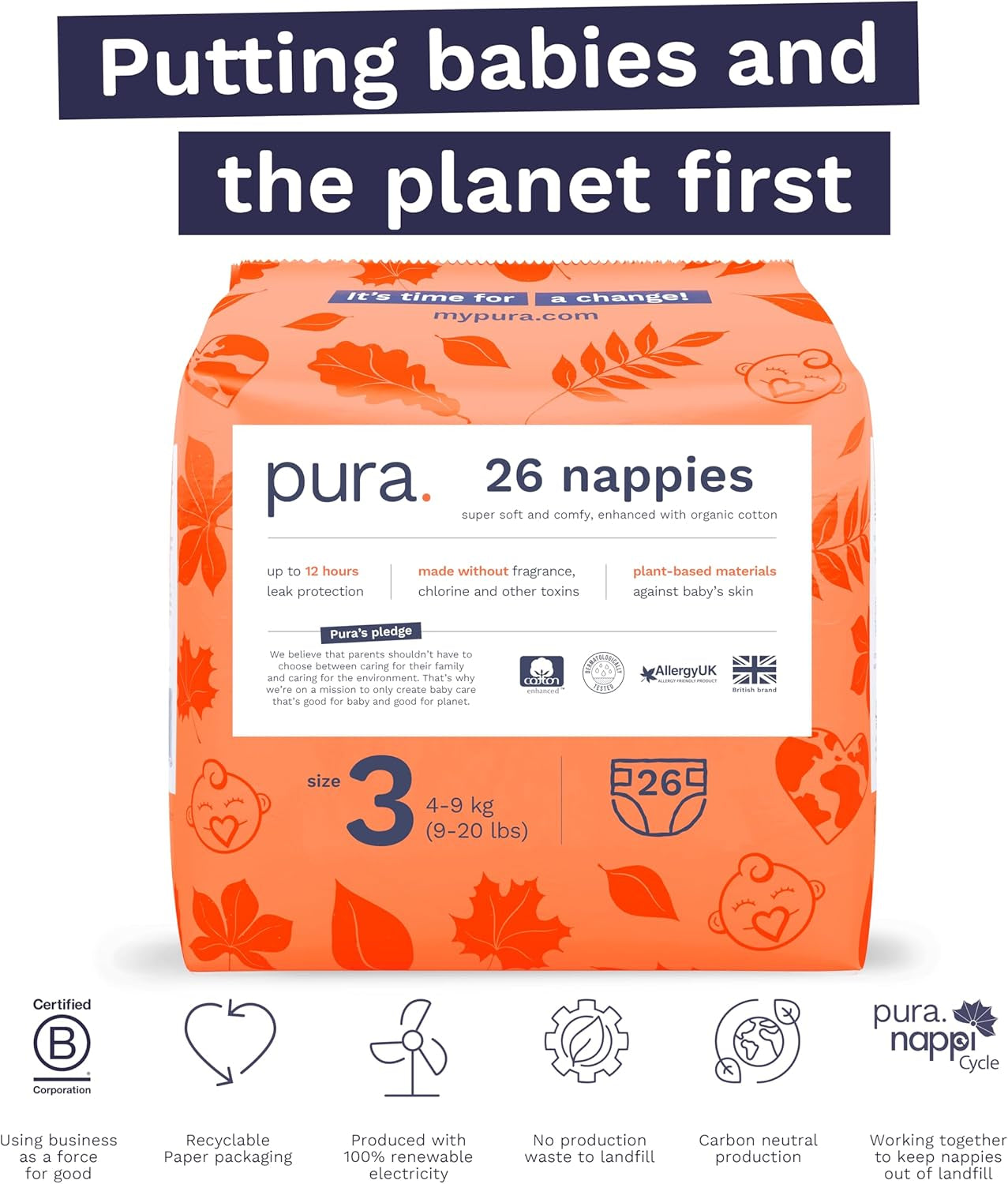 Eco babyblöjor - storlek 3 (4-9 kg), 1 förpackning (26 blöjor), ultramjuka blöjor för känslig hud, ekologisk bomull, upp till 12 timmars läckageskydd, ny storleksguide