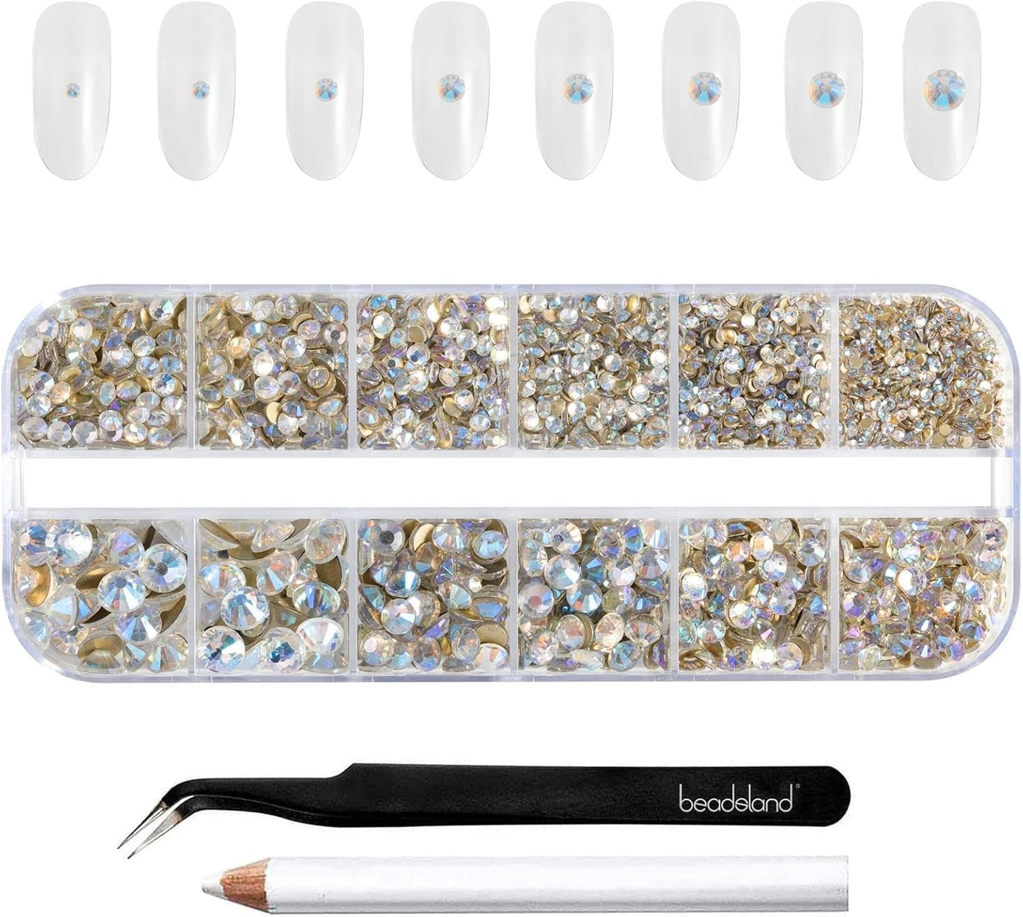 Beadsland 2500st Glas Nailart Strasssteine ​​​​Kristall Flatback Edelsteine ​​​​Runde, ​​Für Handwerk Gemischt 8 Größen SS4 ~ SS30 Mit Picking Pinzette Und Stift (Kristall Weiss)