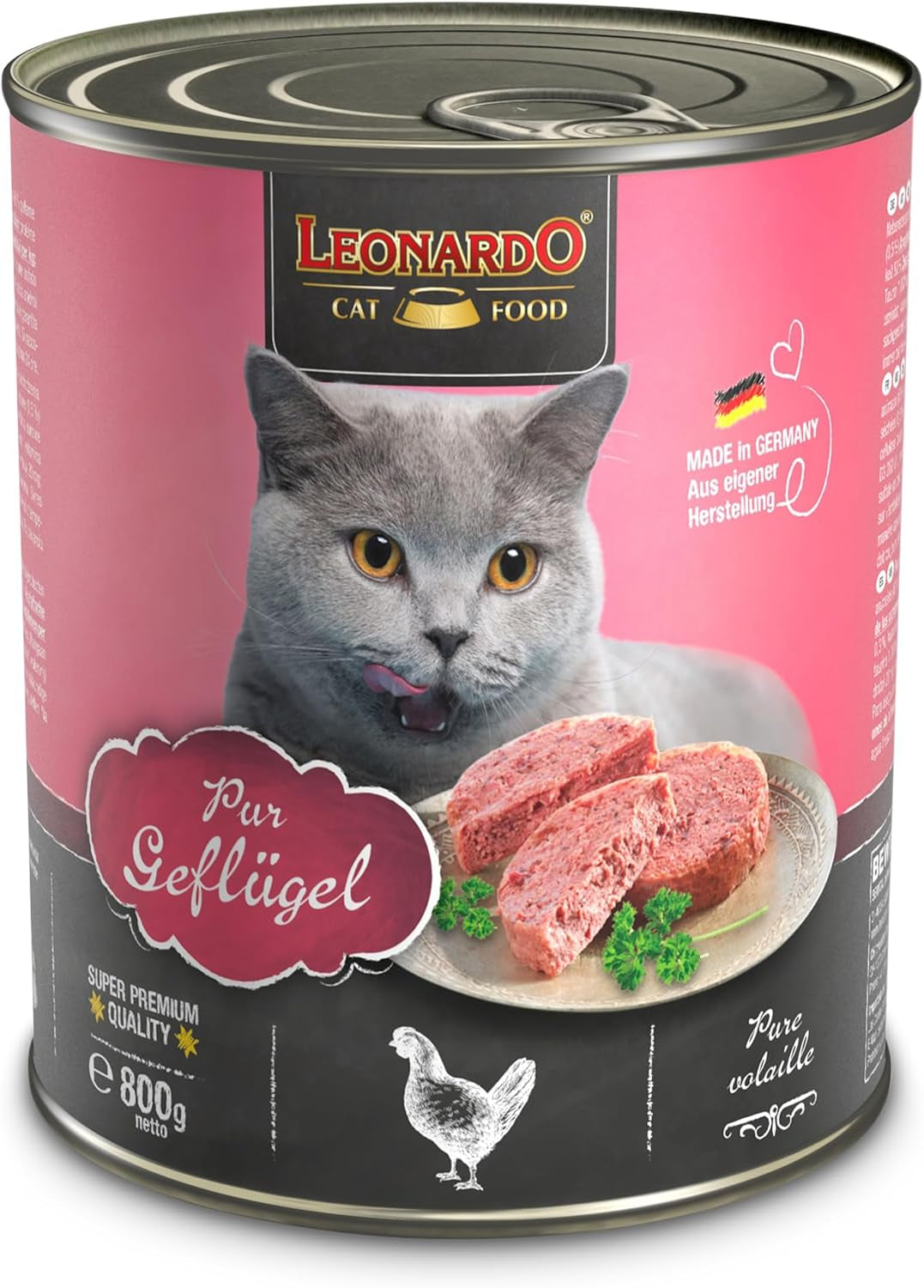 LEONARDO Nassfutter für Katzen, Geflügel pure, 6X 800g Dose, Katzenfutter getreidefrei, Alleinfutter, Made in Germany