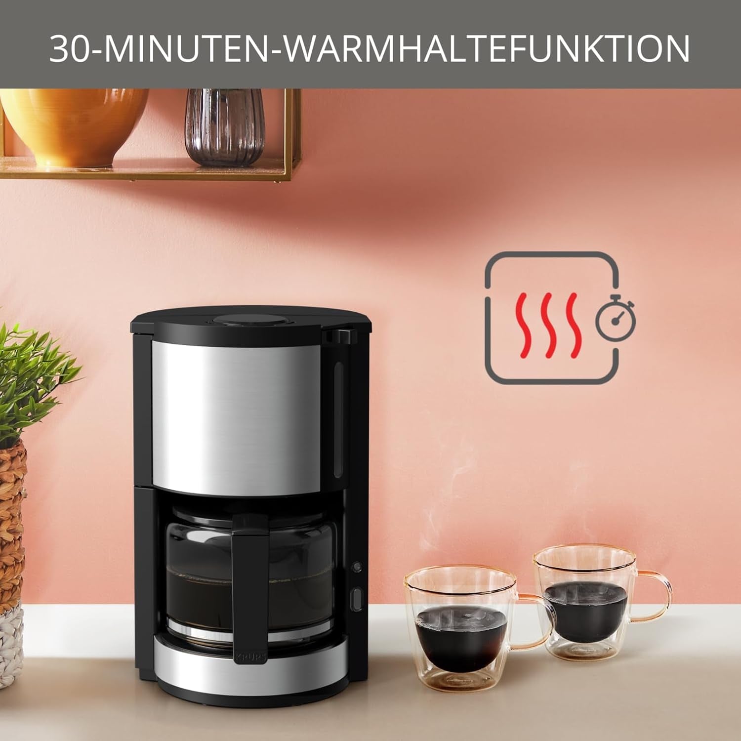 Krups KM3210 Pro Aroma Plus Espressomaskin, 10 koppar, 1,25 L, Håll värmen i 30 minuter, Synligt vattennivåfönster, Anti-droppsystem, Svart med applikationer i rostfritt stål