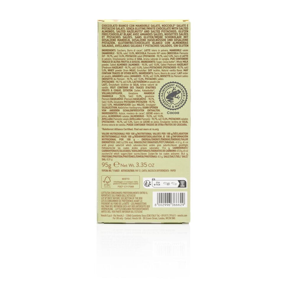 Venchi - Saltad hasselnötsbar, saltade hasselnötter, mandel och pistagenötter, 95 g, med "Piedmont-hasselnötter", glutenfri, inga konstgjorda färger och inga konserveringsmedel
