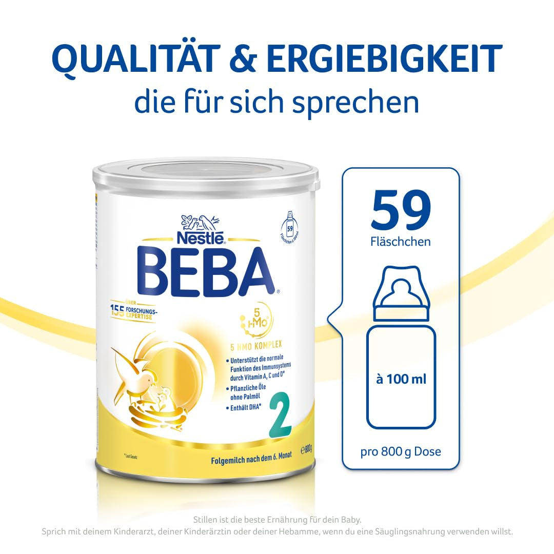 BEBA 2 - Tillskottsmjölk efter 6 månader, med 5 HMO-komplex, åldersanpassat proteininnehåll, laktosfri, palmoljefri, fiskoljefri, barnmat, babymjölkspulver, 3 st (3 x 800g)