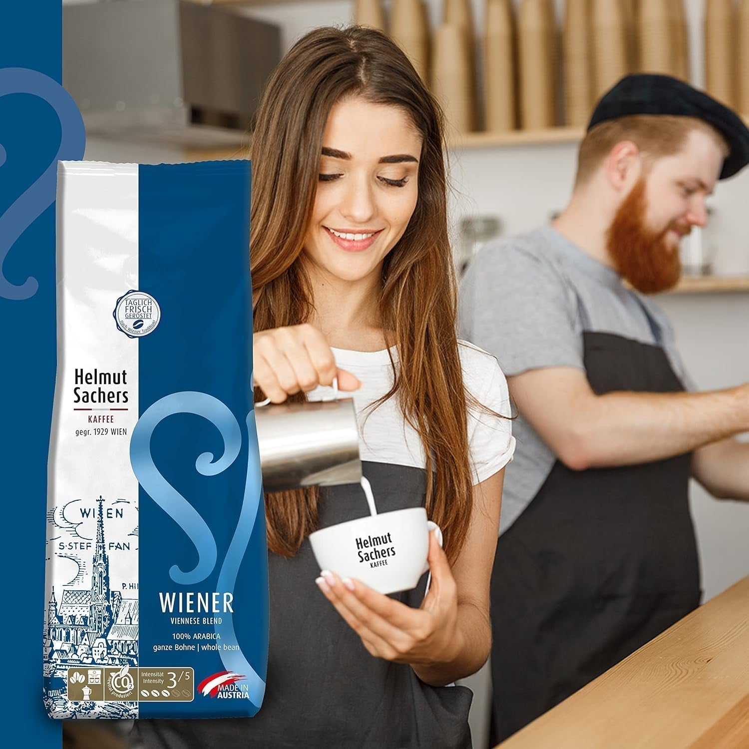 Helmut Sachers Kaffee - Wienerblandning, styrka 3/5, 100 % Arabica, hela kaffebönor, 6 x 500 g Naty Shop