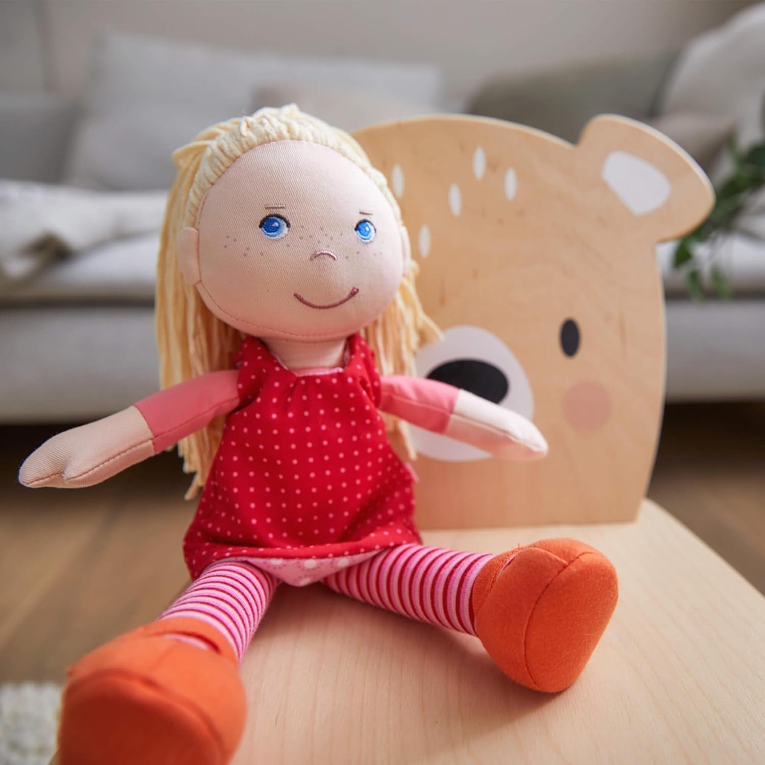 HABA 302108 - Annelie docka, tygdocka med kläder och hår, 30 cm, leksak från 18 månader, röda Dolls Naty Shop