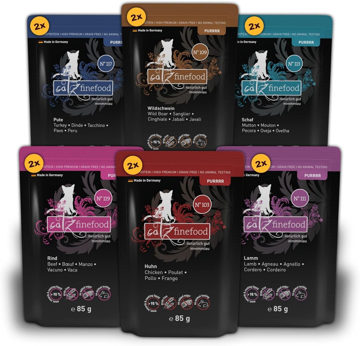Catz Finefood Purrrr Collection I - Monoprotein Wet Cat Food - Spannmålsfri, Sockerfri, Hypoallergen - Hög kötthalt - Multipack våt kattmat - i påsar, 85g (12 förpackningar)