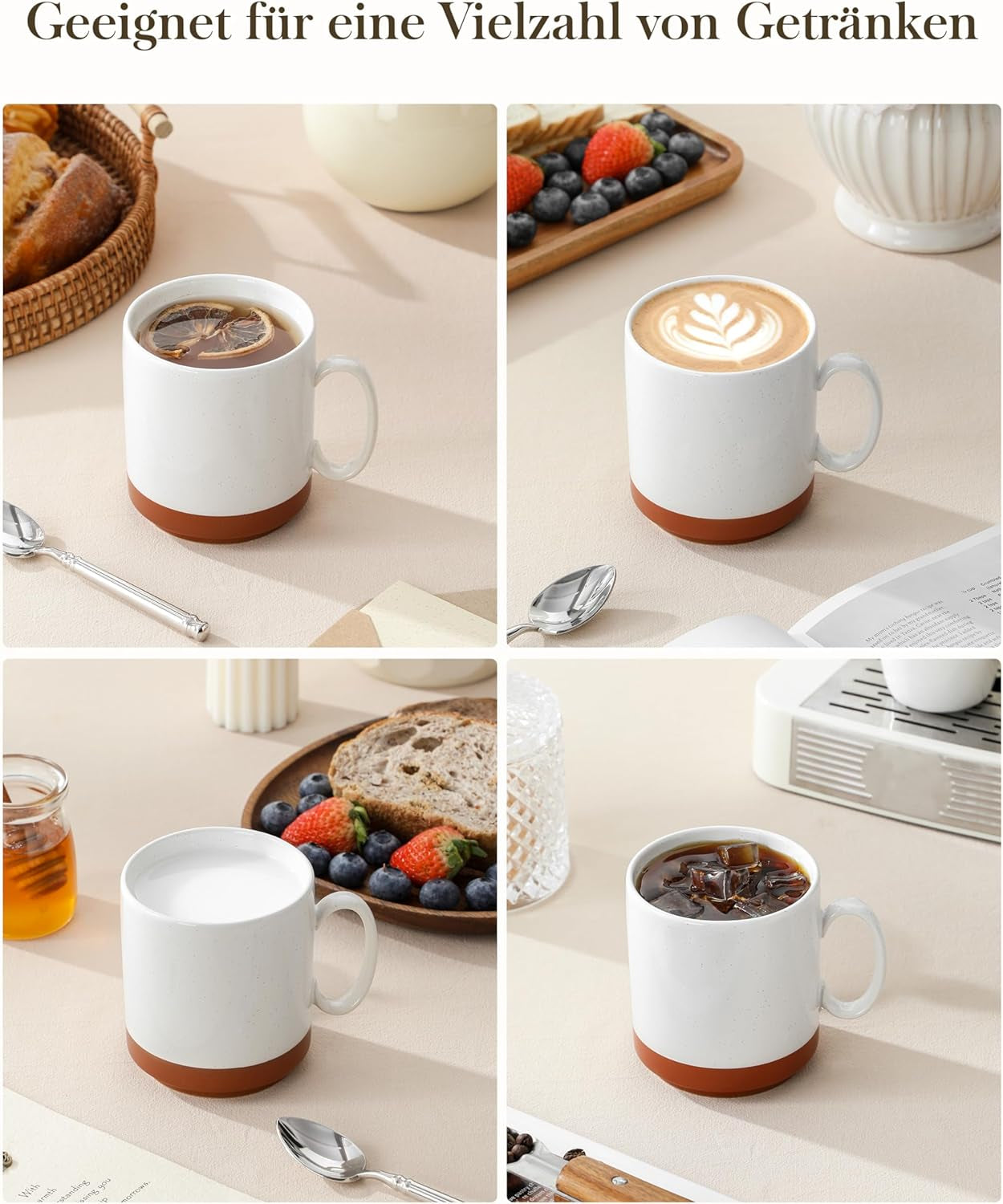 MALACASA kaffemuggset, 350ml muggset av stengods för 4 personer, moderna kaffemuggar för te, juice, latte, cappuccino, varm choklad. Tål diskmaskin och mikrovågsugn, TARA-serien, kakivit