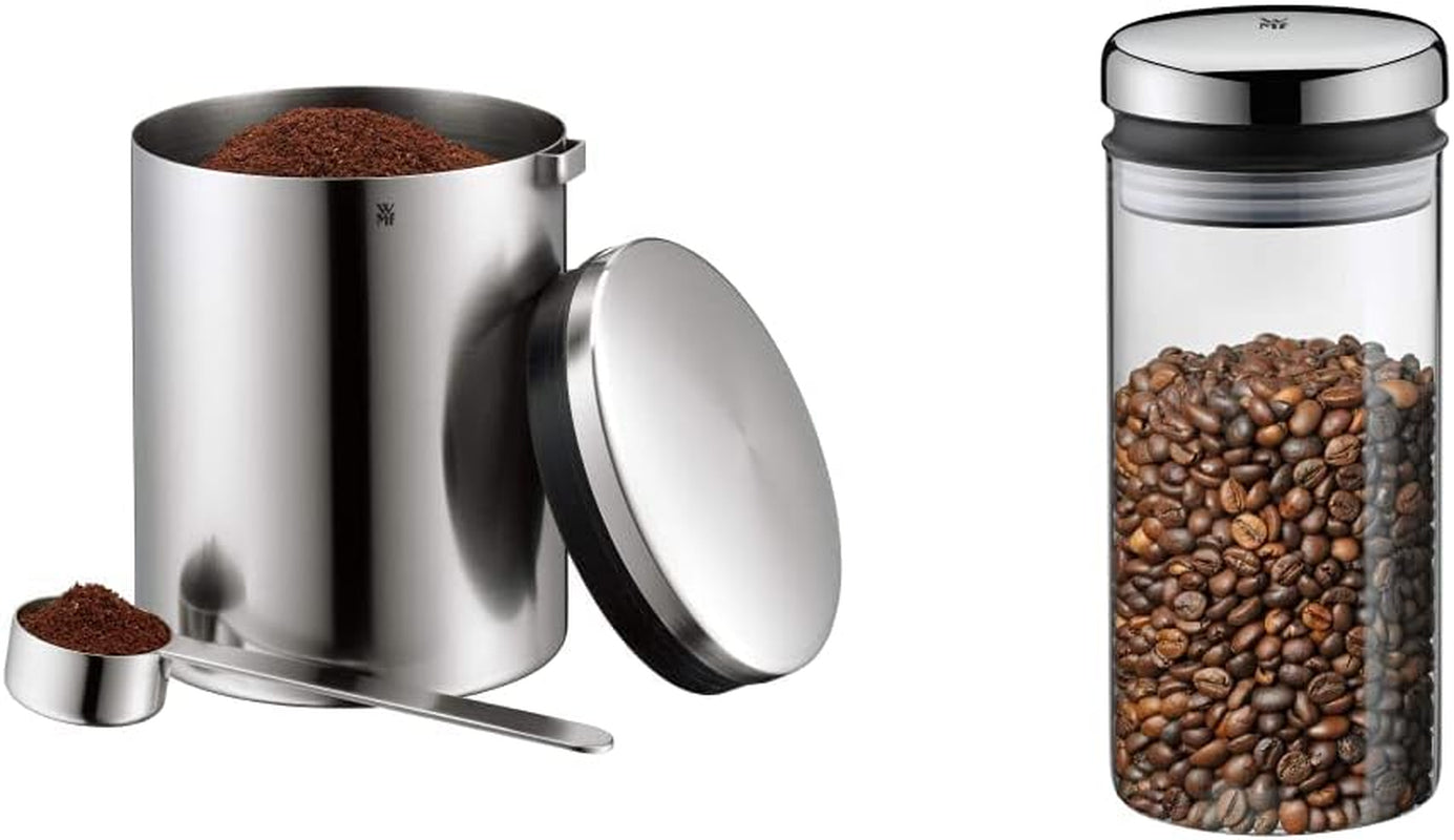 WMF Kaffesked Kult Cromargan Rostfritt Stål Matt Finish 500g och 1 Liter Glas Förvaringsburk Depå Diskmaskin Säker Mat Förvaringsboxar Naty Shop Förvaringsbox Pack