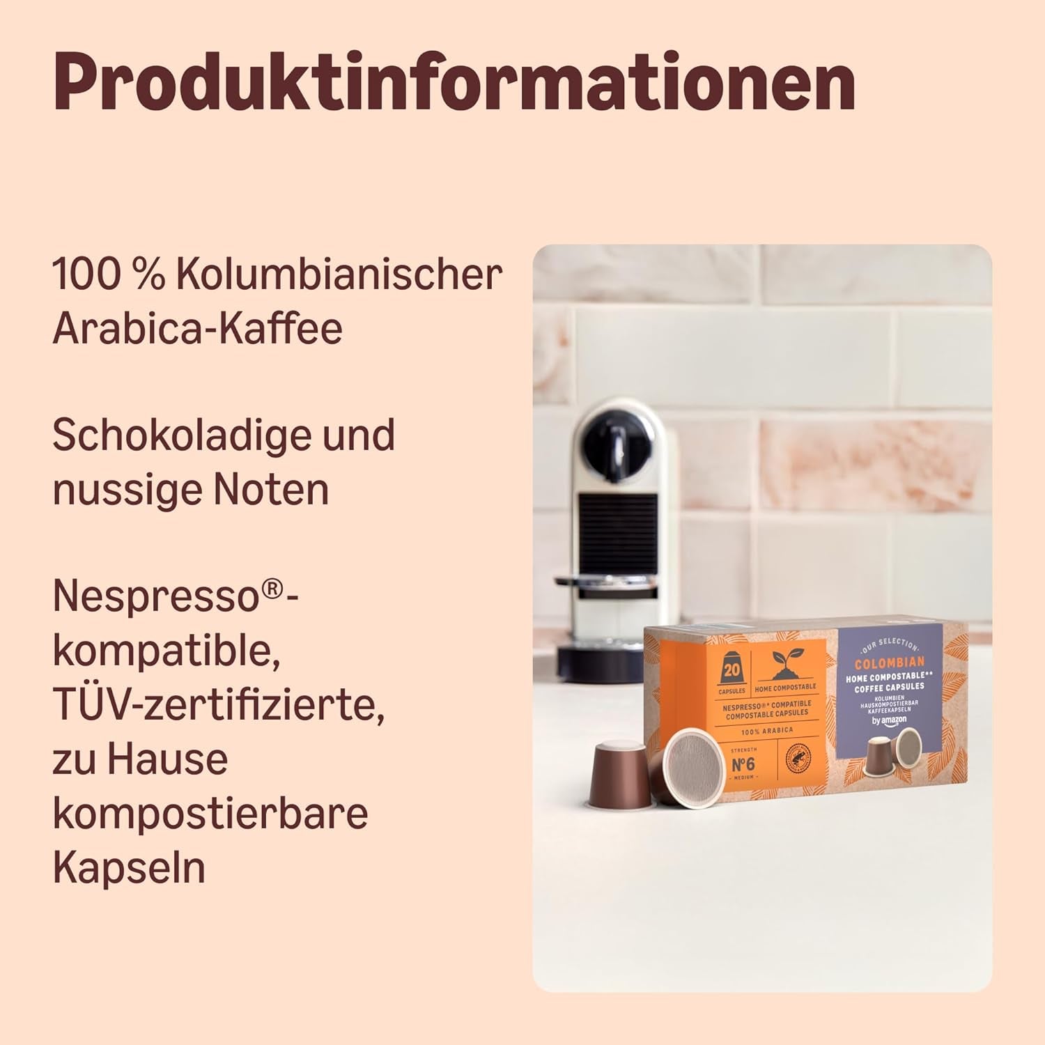 By Amazon Heimkompostierbare Kaffeekapseln, kompatibel med Nespresso, 100 % kolumbianischer Arabica, 20 Stück – Rainforest Alliance-zertifiziert