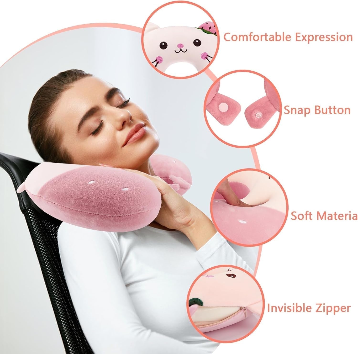 Litimkat Nackkudde för barn Bärbar nackkuddeï¼ŒResekuddeï¼Œ U-formad Memory Foam Kudde Resa Flygplan Bil Tåg Kontor Hem Söt Djurmönster Kuddfodral Avtagbar (Rosa) Cervikala ortopediska kuddar Naty Shop