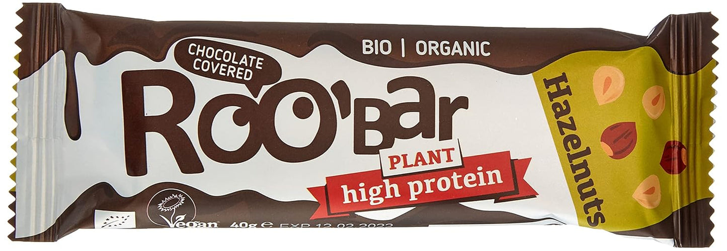 Högproteinchokladglaserade hasselnötsbars - 100 % ekologiska, veganska, fruktbarer, mejerifria, glutenfria, raffinerade sockerfria - 16 barer x 40 g