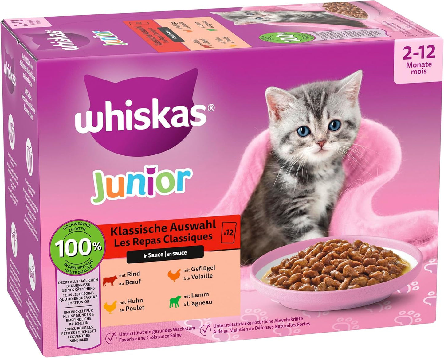 Whiskas Junior Classic Selection våtfoder för katter i sås, 48 ​​påsar, 12 x 85 g (paket med 4) - Högkvalitativt våtfoder för växande katter, 2 till 12 månader