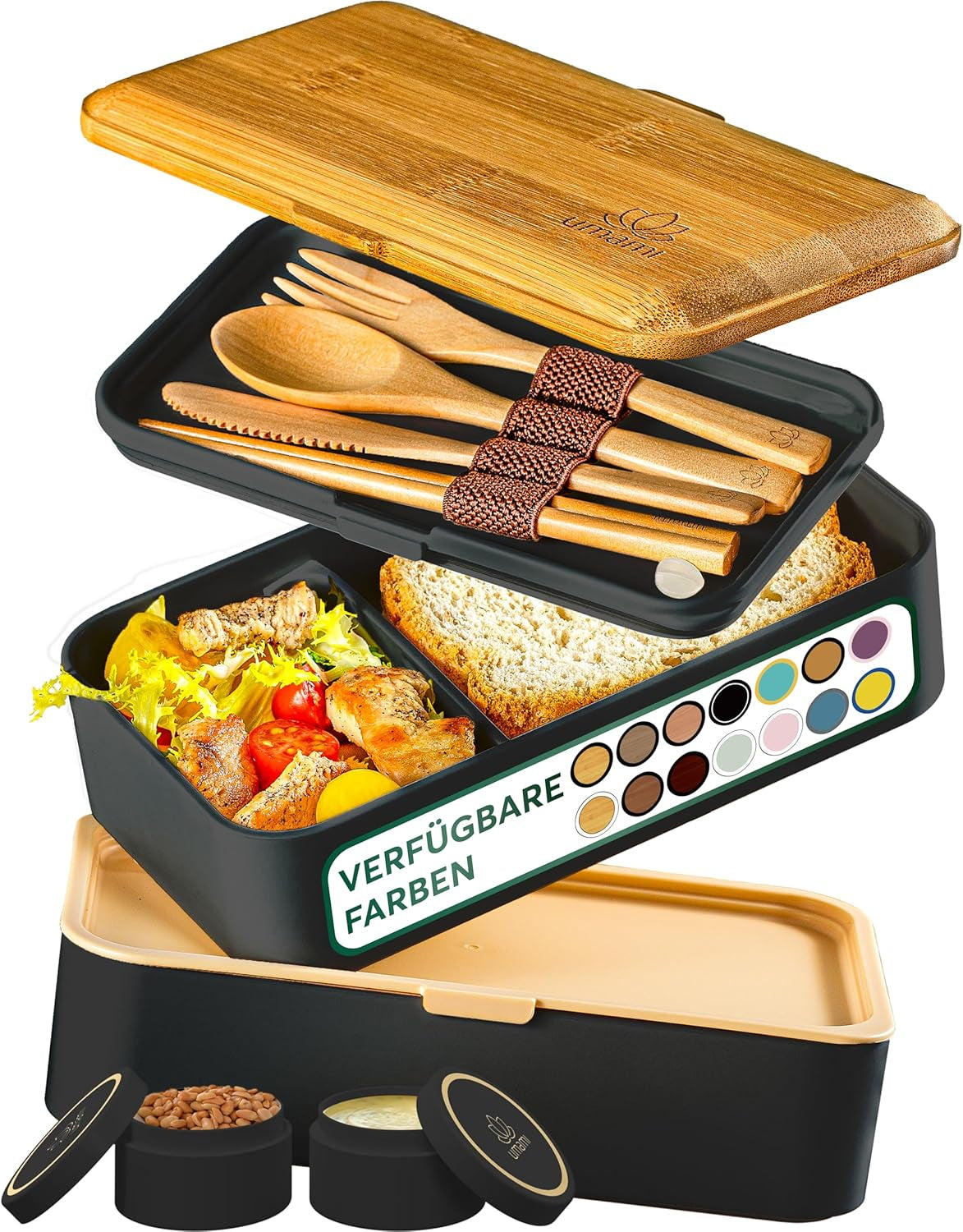 Umami Lunchbox för vuxna, Stapelbar Bento-låda med 4 bestick och fack, Vuxen Lunchbox, To-go-salladsbehållare, Picknick-/kontorslunchlåda, Kolgrå, 1500 ml Naty Shop Matförvaringslådor Svart Tan L - 1200 Ml