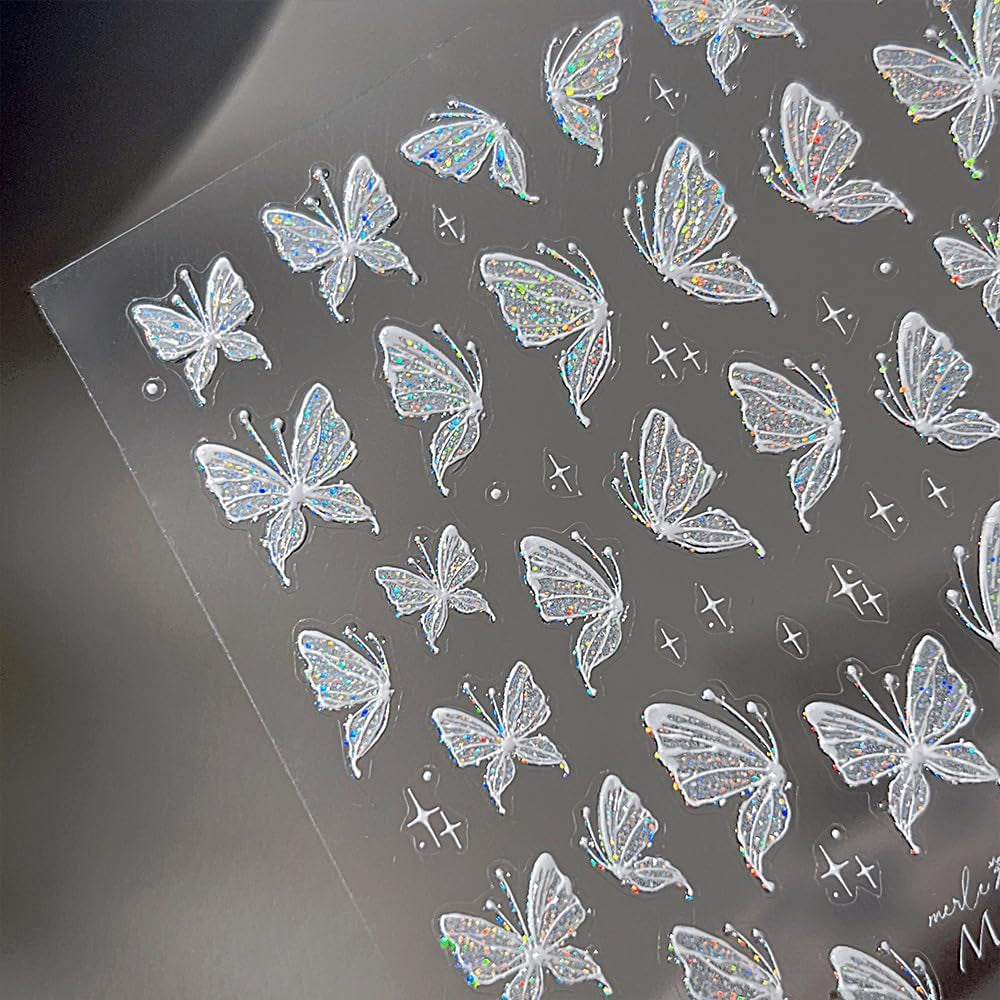 Aurora Muschel Schmetterling Nagelsticker Weiß Schmetterlinge Nageldekal Gelee Relief Butterfly Nagelaufkleber Y2K Butterflies Nagel Sticker Nägel Nageldesign Nagel Zubehör Nail Art Stickers Nailart