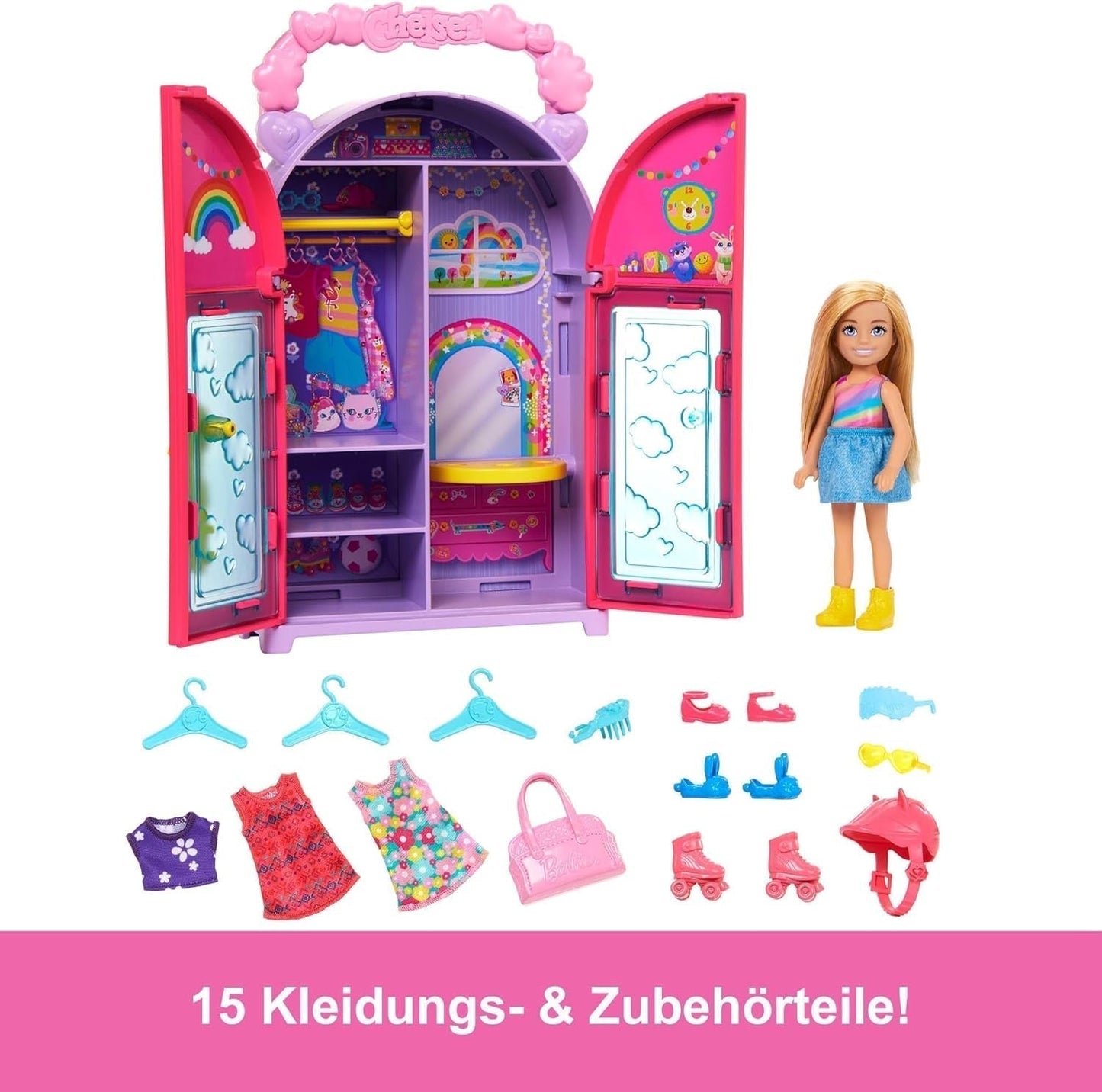 Barbie Chelsea docka och garderob lekset med kläder och tillbehör, 17 delar set, hopfällbar för reselek och förvaring, HXN03 Naty Shop Dolls