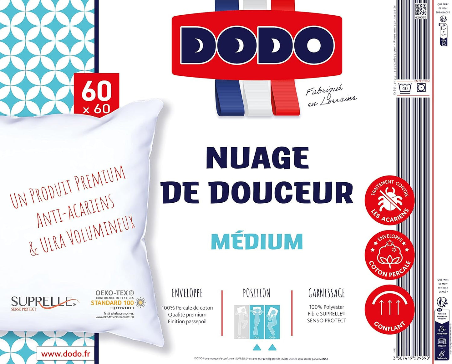 DODO Premium Kudde, 60 X 60 Cm, Medium Comfort, Cloud De Douceur Kudde | Kvalstersäker och fluffig | Percale Cotton + Piping Maskintvättbar i 40 °C Naty Shop standardkuddar