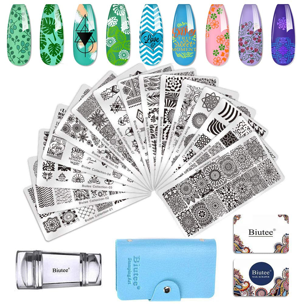 Biutee Nagelstämpel 30 delar Nagelstämpel Set Nagelmall Nagelstämpling Djur Blommor Bilder Nagelstämpelplatta med 2 stämplar 2 skrapor Nageldesign Tillbehör Fransk nagelstämpel