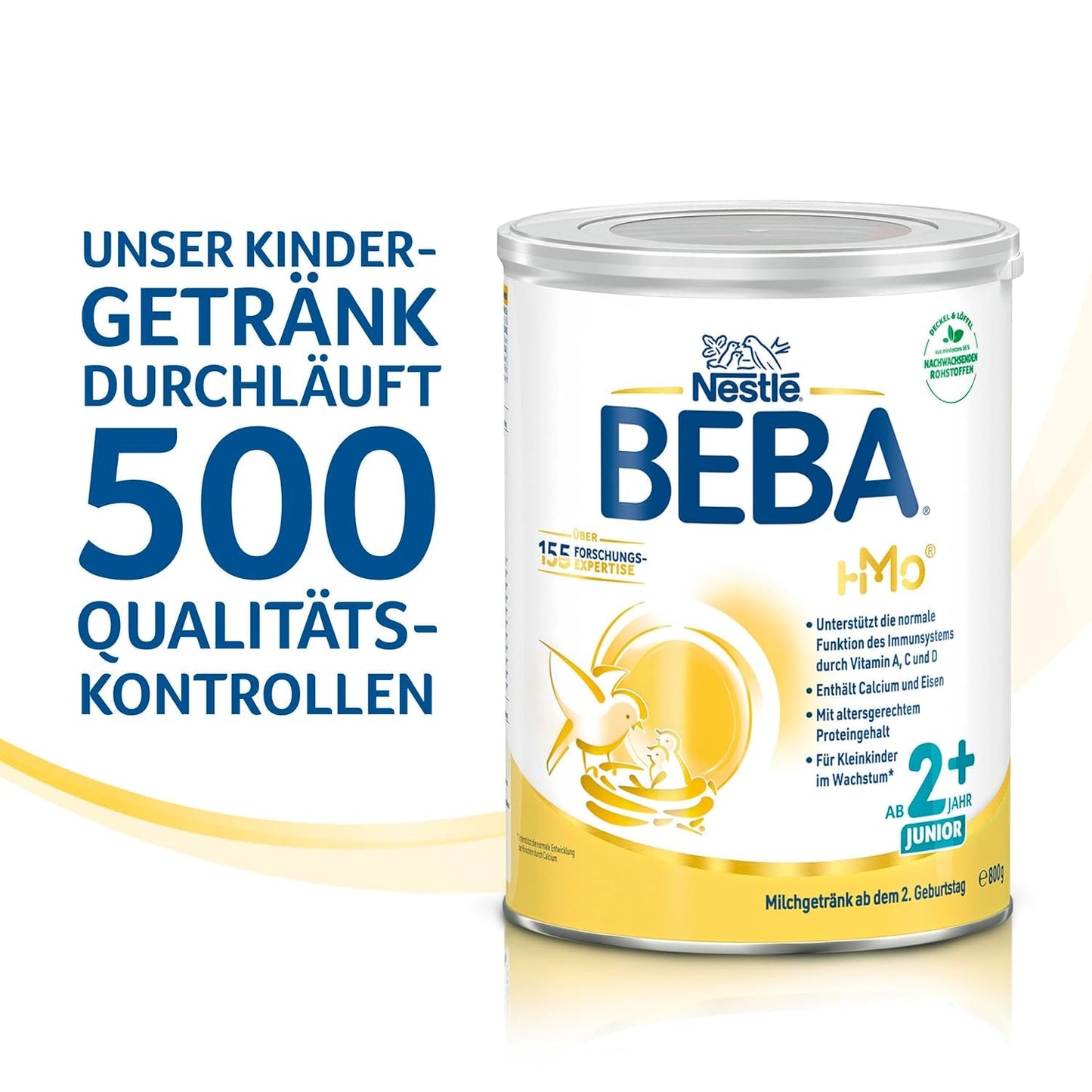 BEBA Junior 2+ mjölkdryck från 2 år, med HMO, åldersanpassat proteininnehåll, endast laktos, ingen palmolja, ingen fiskolja, småbarnsmat, babymjölkpulver, 6 st (6 x 800 g)