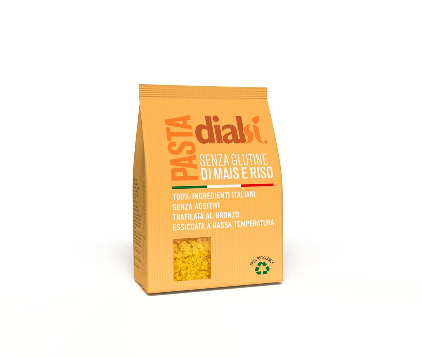 Dialsi stjärnformad pasta, glutenfri majs- och rispasta, bronseldad, 100 % italienska ingredienser, inga tillsatser, tillagas på 8-9 minuter, 300g förpackning