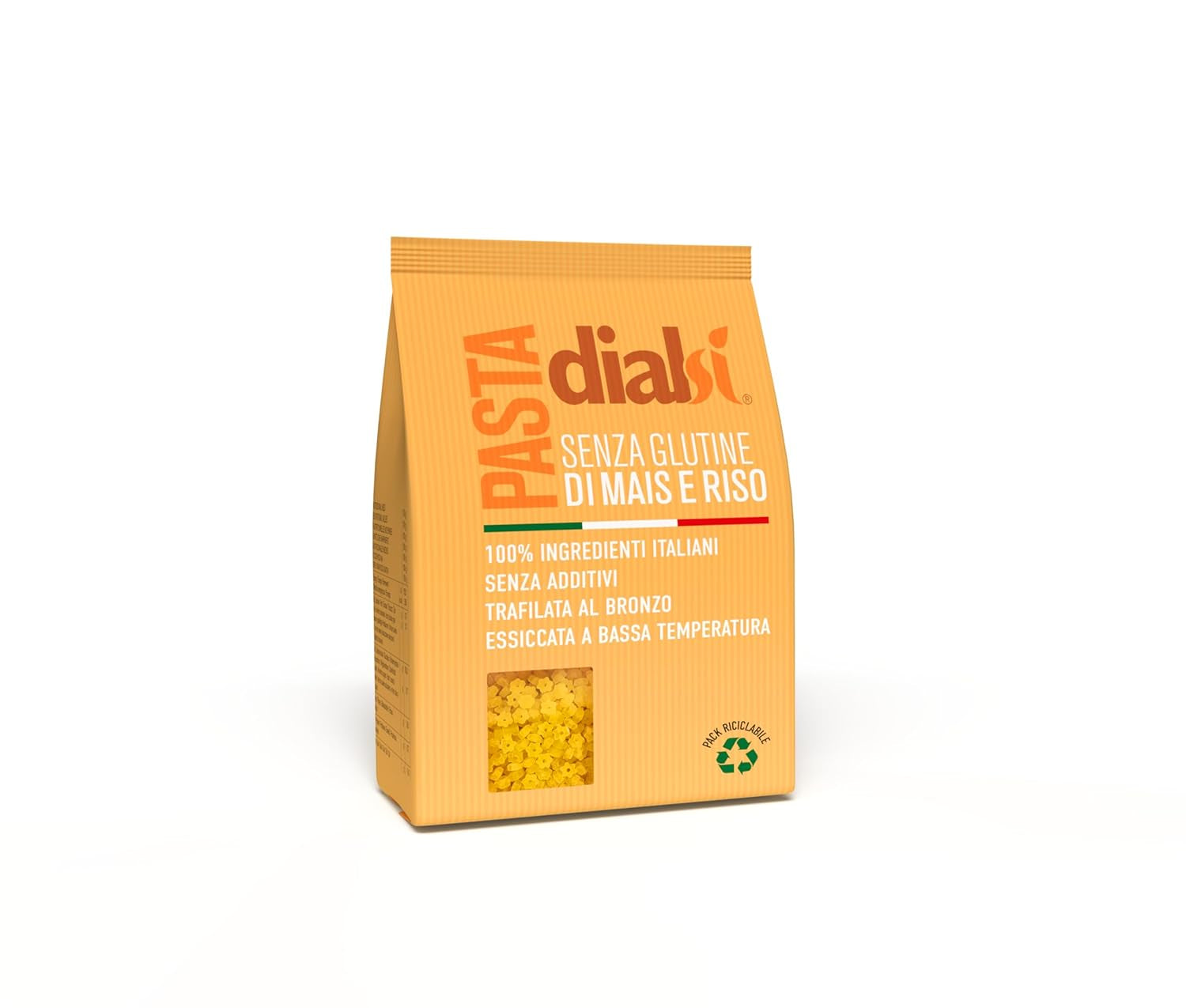 Dialsi stjärnformad pasta, glutenfri majs- och rispasta, bronseldad, 100 % italienska ingredienser, inga tillsatser, tillagas på 8-9 minuter, 300g förpackning