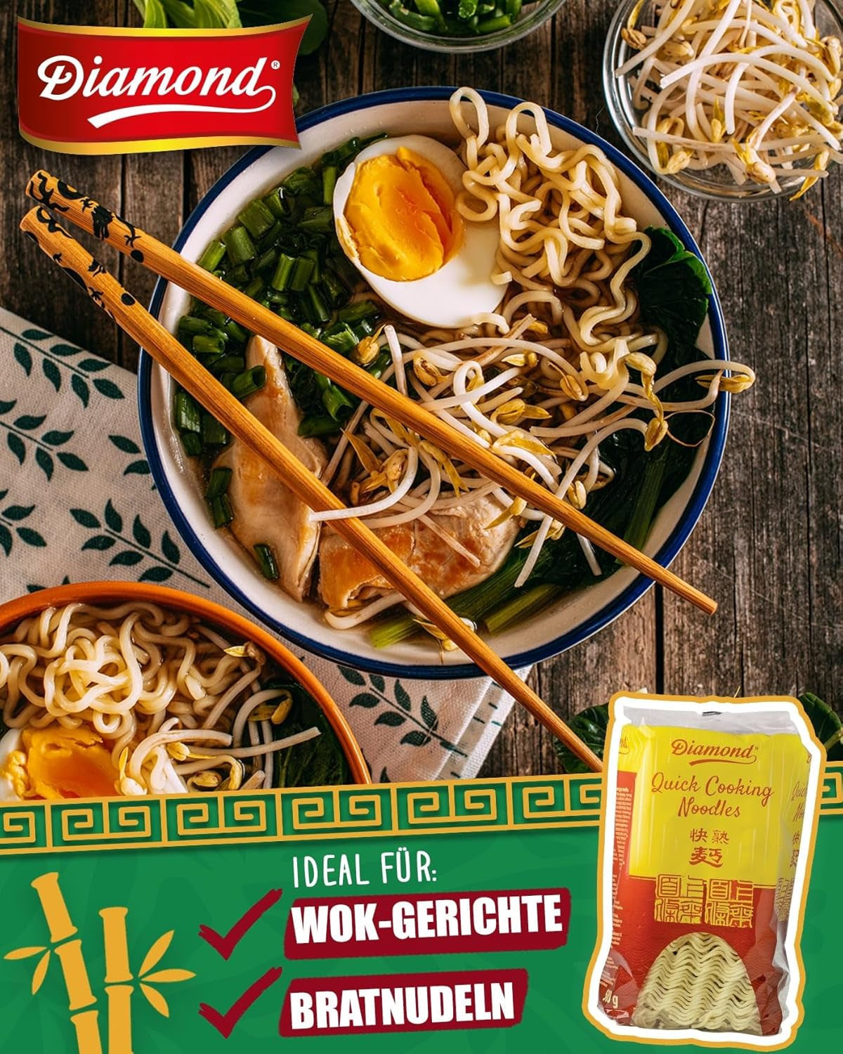 DIAMOND Instant Äggfria nudlar, Instant Vetemjöl Wok Nudlar & Tillbehör - 1 x 500g