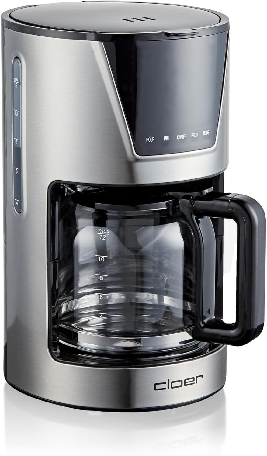 Cloer 6-kopps filter espressomaskin, skonsam varmhållningsfunktion, glaskaraff, mätsked, vattennivåindikator, antidroppsystem, automatisk avstängning, filterstorlek 1x2, 550W, rostfritt stål